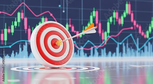 Bullseye with arrow hitting target on stock market graph background
