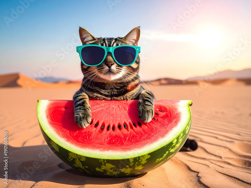 Playful cat with oversized sunglasses lounging on juicy watermelon against sand dunes. Great for summer sales, fun branding, party invites, travel websites, and eye catching marketing materials.