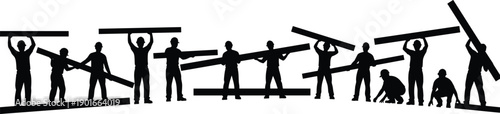 Construction workers silhouettes teamwork concept showing builders carrying wooden beams and planks together in coordinated labor process isolated on white background for industry and teamwork themes