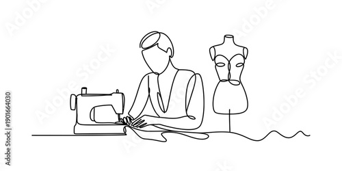 Continuous line drawing of a professional tailor working on a sewing machine next to a mannequin. Vector, illustration