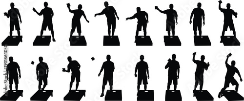 Cornhole game player silhouettes showing bean bag toss actions, outdoor leisure competition and recreational sports activity poses, black illustration set isolated on white background