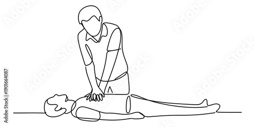 Simple line illustration of a man performing cardiopulmonary resuscitation on an unconscious person. Vector, illustration