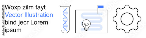 Biotechnology, innovation, research, engineering, design, and education applications. Stylized DNA strand, lightbulb with flag gear symbol. Biotechnology and innovation concepts