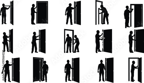 Door installation worker silhouettes set showing carpenters fitting, adjusting and mounting interior doors for construction, renovation and building maintenance concepts illustration