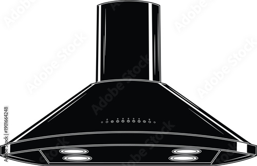 Modern kitchen range hood vector illustration, black minimalist silhouette style, home exhaust fan ventilation system, steel cooker hood isolated on white background.