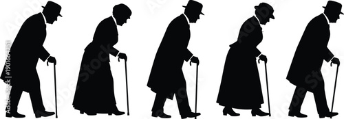 Elderly man and woman walking silhouette sequence with cane showing aging process, senior lifestyle, slow movement, and old age human progression concept