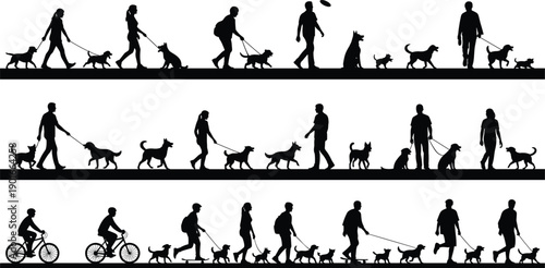 Dog walking silhouettes collection showing people walking pets on leash running cycling and outdoor activities isolated on white background lifestyle pet care concept vector illustration set
