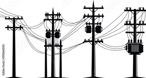 Electric power distribution poles silhouette with transformers and overhead cables, industrial energy infrastructure illustration isolated on white background for utility and engineering concepts