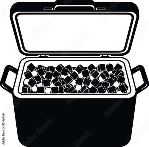 Portable ice chest cooler vector illustration, black minimalist silhouette style, open storage box filled with ice cubes isolated on white background.