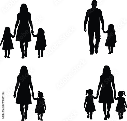 Family silhouettes of parents holding hands with children, mother father and kids walking together, isolated black vector people set for parenting, love, care and family lifestyle concepts