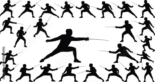 Fencing athlete silhouette set showing sword fighting stances and attack movements, dynamic martial sport poses, black human figures isolated on white background vector illustration