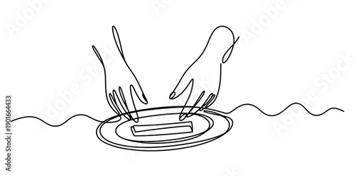 A minimalist continuous line art illustration of two hands interacting with food on a plate Vector, illustration