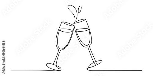 Minimalist single line art illustration of two wine glasses clinking together for a toast.