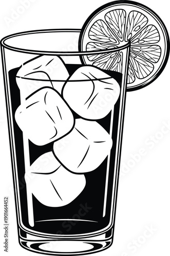 Refreshing glass of iced tea with ice cubes and a lemon slice garnish detailed black and white line art illustration isolated.