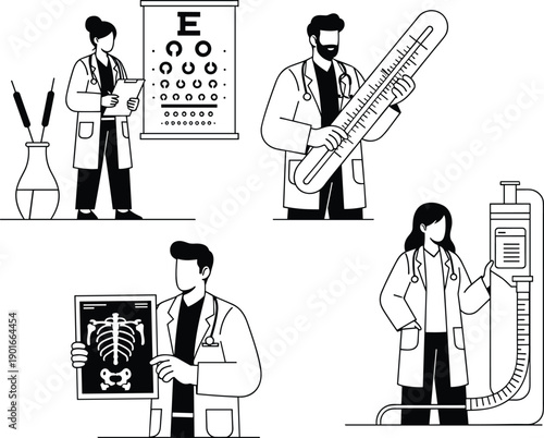 Professional medical team illustrations featuring doctors with eye chart thermometer xray and dialysis machine for healthcare hospital and clinical services web design
