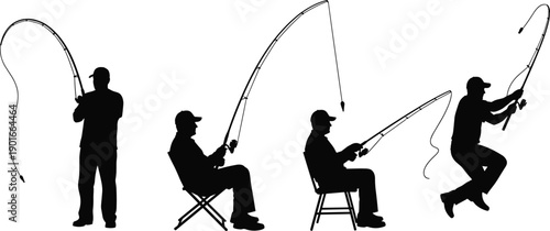 Fishing man silhouette set showing casting, waiting, and catching actions with fishing rod for outdoor recreation, sport fishing, leisure activity, and angler lifestyle concepts