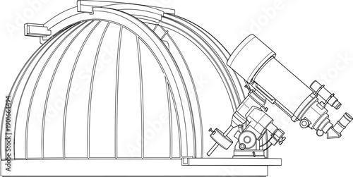 Scientific astronomical observatory dome with telescope line art illustration, professional space research equipment sketch, starry sky exploration tool isolated on white background.