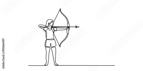 A simple continuous line drawing of a person aiming a recurve bow and arrow in an athletic stance Vector, illustration