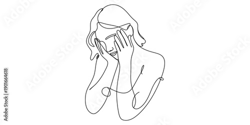Minimalist line art illustration of a woman covering her face with hands in sorrow or despair