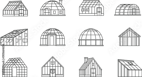 Greenhouse building line icon set showing various glasshouse structures and garden houses, clean outline architecture illustrations for farming, agriculture, and botanical design isolated on white