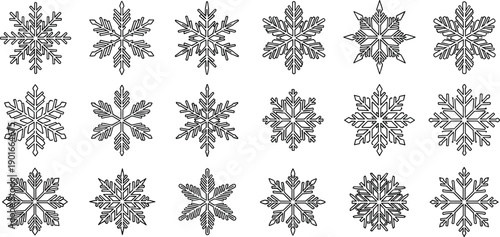 Set of minimalist black snowflake outline icons isolated on white background for winter holiday season decorations and festive Christmas greeting card design