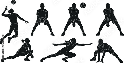 Set of black volleyball player silhouettes in various action poses like serving spiking and digging isolated on white background for sports design