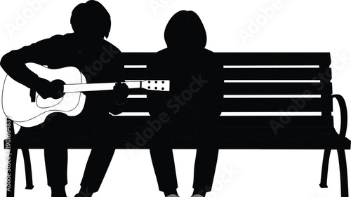 Silhouette of a couple sitting on a park bench while the man plays acoustic guitar, romantic date night scene, isolated on white