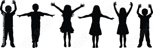 Happy children silhouette set showing boys and girls standing and jumping with raised arms, joyful playful kid poses, black human figures isolated on white background vector illustration