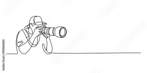 Continuous line drawing of a photographer holding a camera with a large telephoto lens Vector, illustration