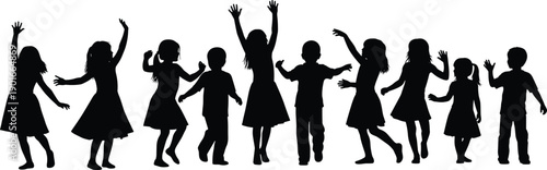 Happy children silhouettes set showing dancing, jumping and playful movement poses for childhood joy, group activity, celebration and fun lifestyle concepts illustration
