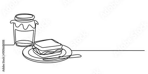 Minimalist continuous line art illustration of a sandwich and a jar of preserves Vector, illustration
