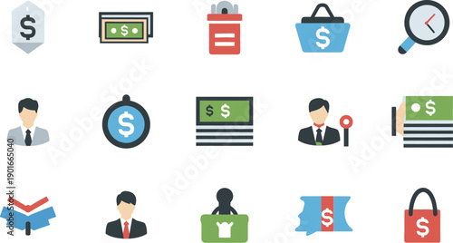 Collection of business and finance related icons including money, cash, coins, briefcase, documents, magnifying glass, and business people in a professional setting