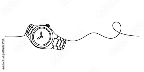 Continuous line drawing of a classic wristwatch with a metal strap and clock face
