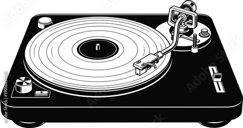 Vintage turntable record player vector illustration, black and white minimalist style, retro vinyl audio equipment design isolated on white background for music.