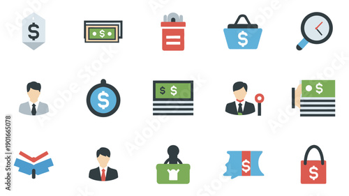 Diverse financial and business icons representing concepts like investment, savings, currency, success, security, and technology for commercial use