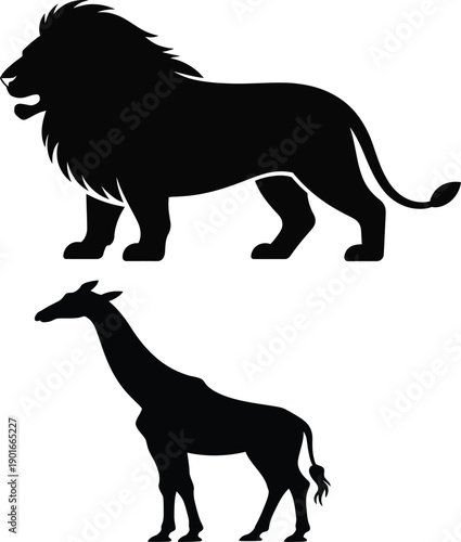 Silhouettes of a lion and a giraffe