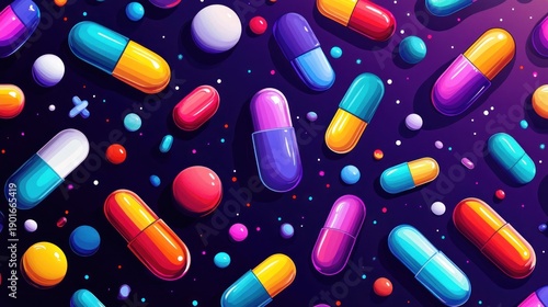 Wallpaper Mural Colorful Pills and Capsules on Purple Background. Torontodigital.ca