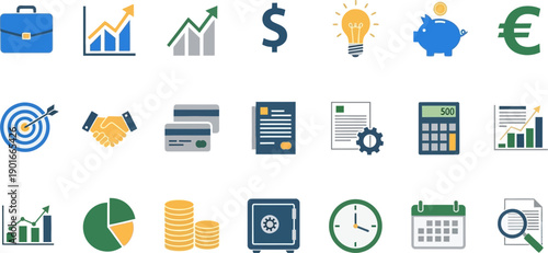 Vibrant collection of flat design icons illustrating financial concepts, money management, banking, investment, and secure business transactions for economic success