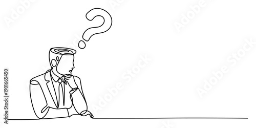 Continuous line drawing of a thoughtful businessman with a large question mark above his head Vector, illustration
