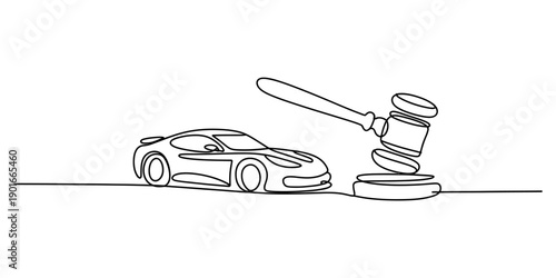 Continuous line drawing of a sports car and a judge's gavel, symbolizing a vehicle auction or legal proceeding Vector, illustration