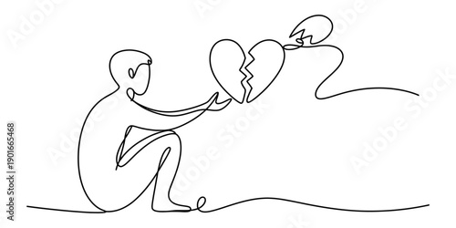 Single continuous line drawing of a person holding a broken heart, symbolizing loss and sadness Vector, illustration