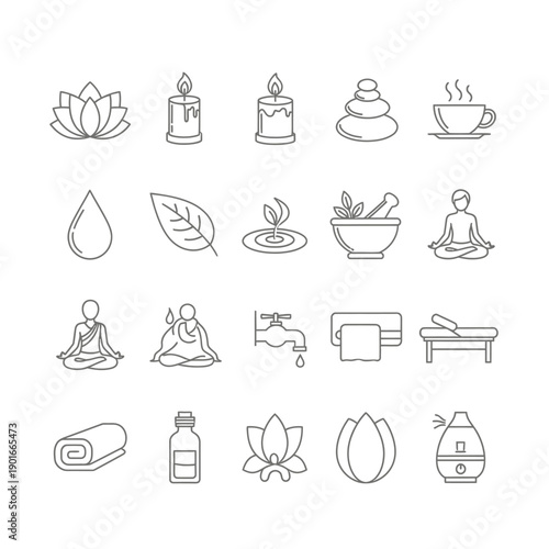 Yoga and meditation line icons set.