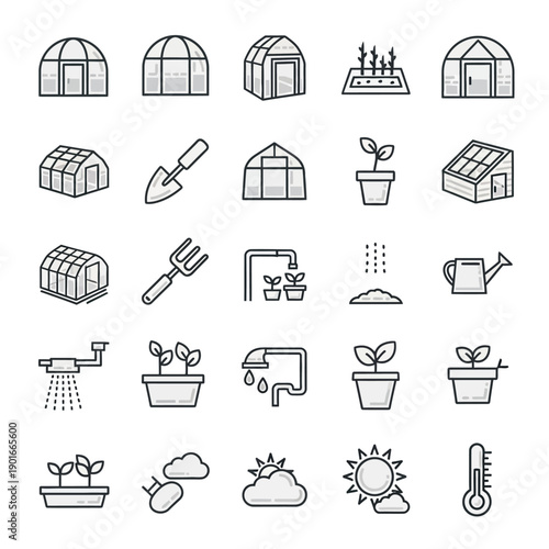 Gardening tools and greenhouse icons set.