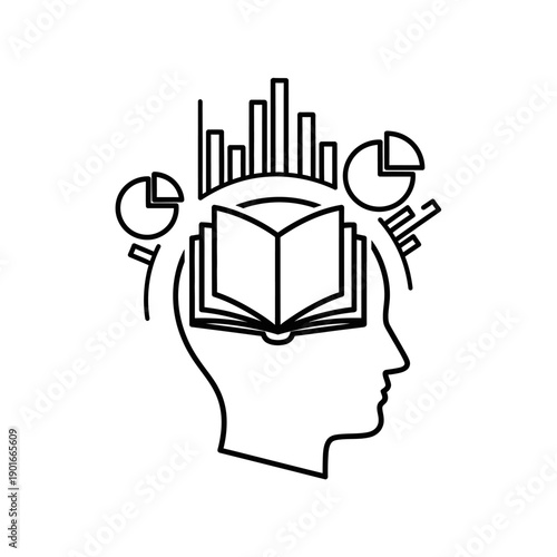 Head with book and graphs inside.