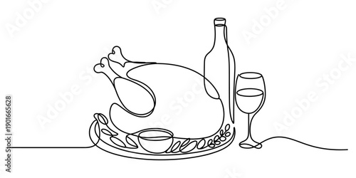 Continuous line drawing of a roasted turkey on a platter with a wine bottle and glass Vector, illustration