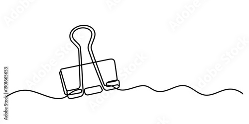 Continuous line drawing of a binder clip on a wavy line for office supplies concept Vector, illustration