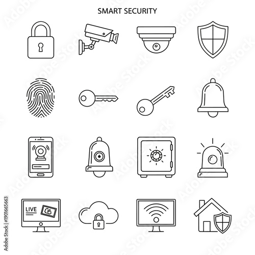 Smart home security system icons set.