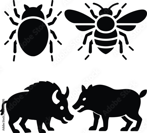 Silhouette illustrations of insects and wild mammals