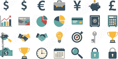 Collection of business and finance icons including currency symbols, charts, graphs, handshake, piggy bank, light bulb, target, safe, calculator, calendar, clock, trophy, key, magnifying glass