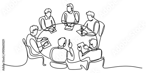 Continuous line drawing of a group of people sitting around a round table for a business meeting Vector, illustration